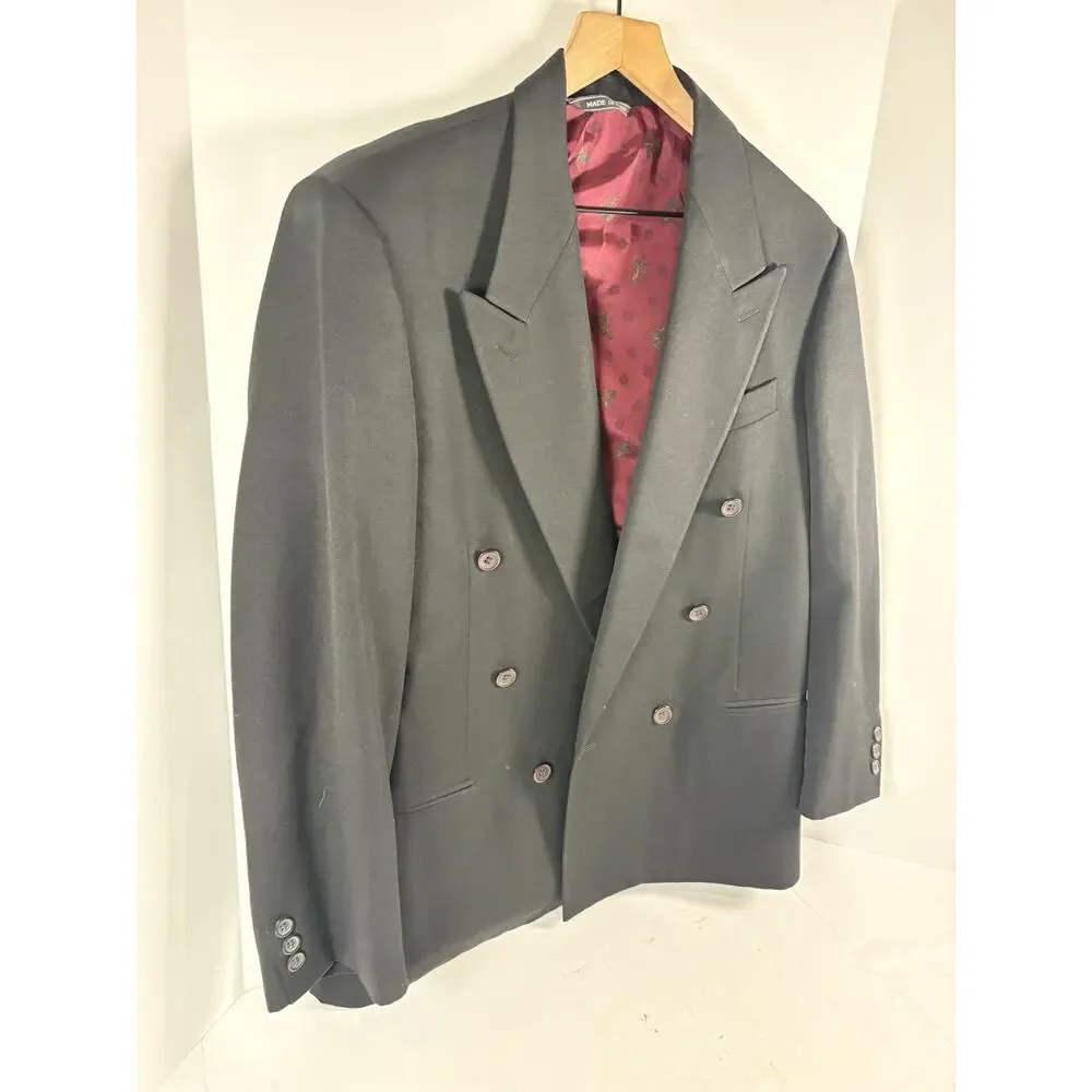 Vintage Marco Ricci Mens Black Double Breasted Blazer Wool Made In Italy Jacket